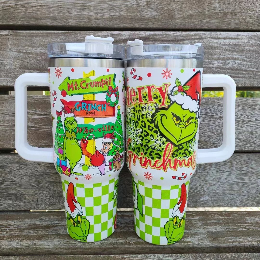 Pink Handle Grinch 40 Oz Tumbler 40oz Tumbler Grinchmas Whoville Pink  Christmas Pink Grinch Grinch Stanley Dupe 